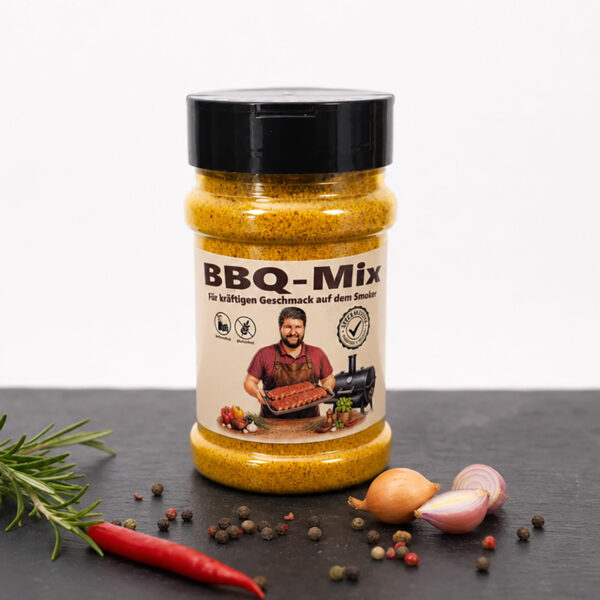 Glas mit BBQ‑Mix Gewürz vor Chili, Rosmarin und Schalotte – ideale Mischung für kräftigen Smoker‑Geschmack.Glas mit BBQ‑Mix Gewürz vor Chili, Rosmarin und Schalotte – ideale Mischung für kräftigen Smoker‑Geschmack.