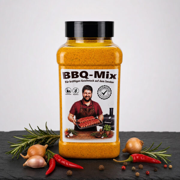 BBQ‑Mix Gewürzdose mit Grillmotiv, umgeben von Chili, Rosmarin, Zwiebel und Pfefferkörnern.