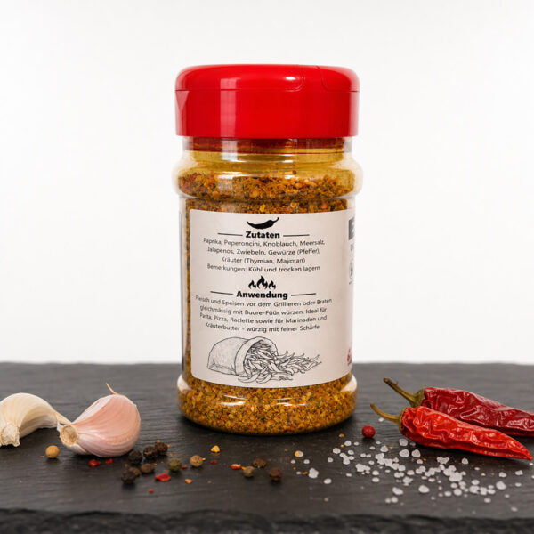 Gewürzdose mit Chili‑Knoblauch‑Mix auf dunkler Fläche, umgeben von Knoblauch, Pfefferkörnern, Salz und getrockneten Chilis.