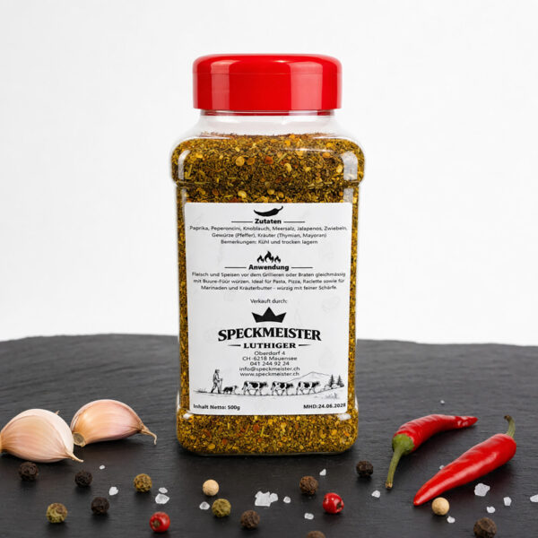 Buure‑Foder Gewürzbehälter auf dunkler Fläche, umgeben von Chili, Knoblauch, Pfefferkörnern und grobem Salz.