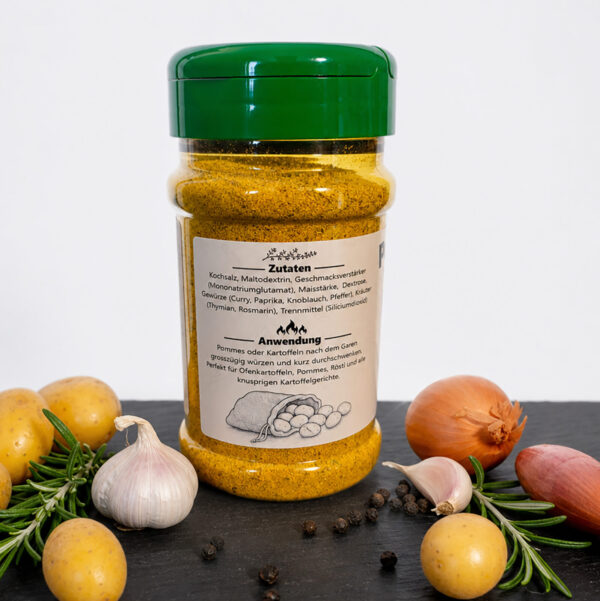 Pommes‑Mix Gewürzmischung – natürliche Würze für Pommes & Kartoffeln Pommes‑Mix Gewürzdose mit Kartoffeln, Knoblauch, Zwiebeln, Rosmarin und Pfefferkörnern auf dunkler Fläche.