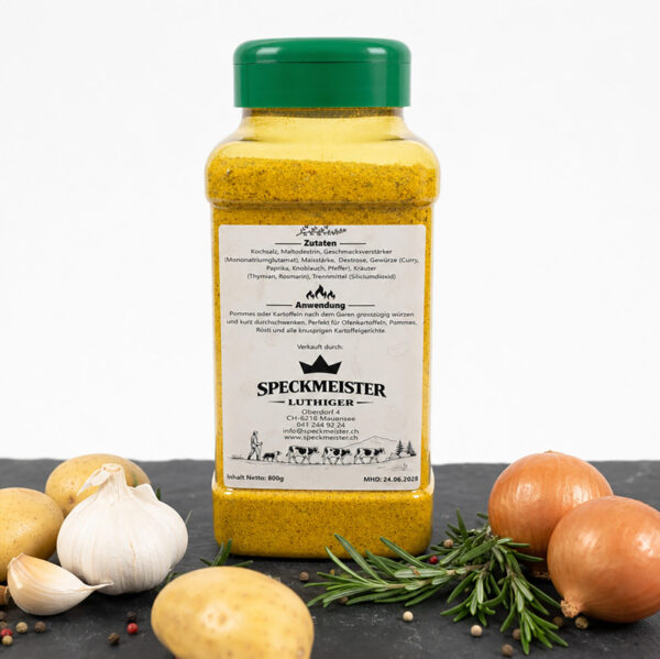 Speckmeister Luthiger Gewürzmischung – 800g Kartoffel‑ & Pommeswürze für Küche & Grill Speckmeister Luthiger Gewürzbehälter mit gelber Mischung auf dunkler Fläche, umgeben von Kartoffeln, Knoblauch, Zwiebeln, Rosmarin und Pfefferkörnern.