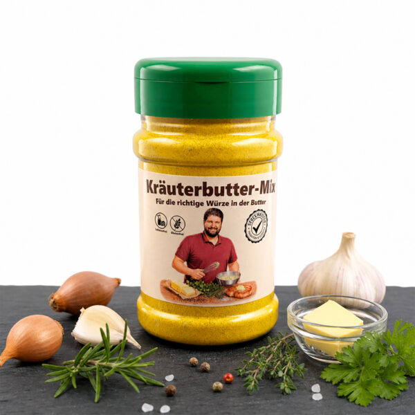 Kräuterbutter‑Mix Dose mit frischen Kräutern und Butter
