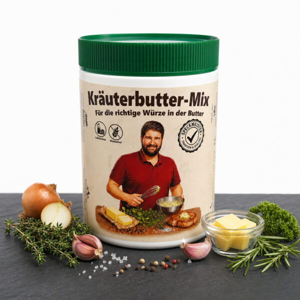 Speckmeister Kräuterbutter‑Mix Dose umgeben von frischen Kräutern, Knoblauch, Zwiebeln, Salz und Butter – Premium Gewürzmischung
